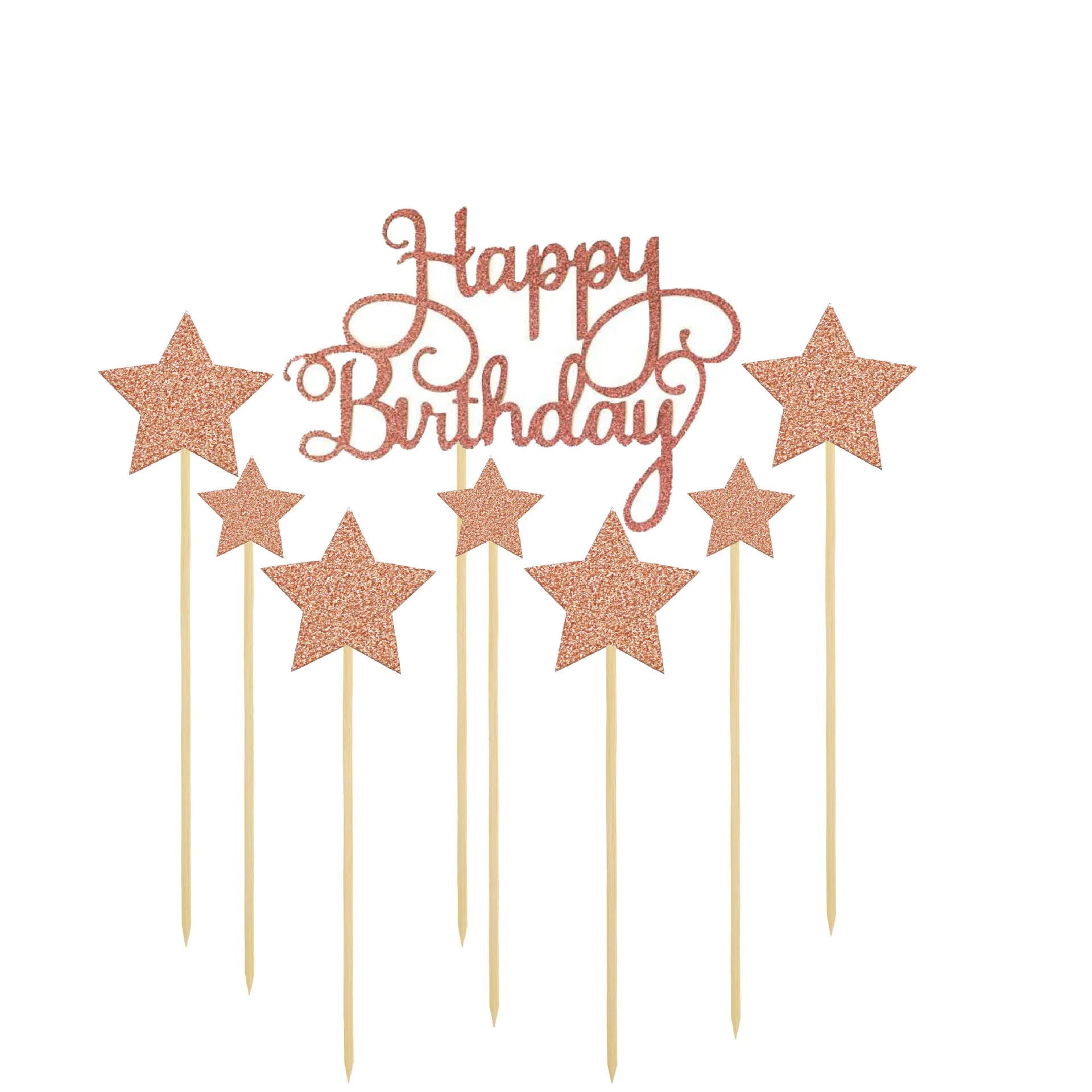 Rose Gold Glitter 'Happy Birthday' Cake Toppers & Star Cupcake Decorations Set of 7 XQ279B-for Graduation Celebrations