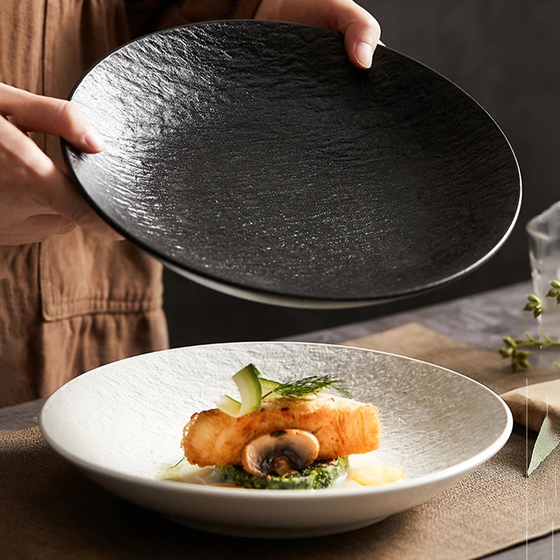 Factory Customized Retro White Salad Round Irregular Flat Stone Bowl Matte Ceramic Plates Luxury Matte Black Deep Soup Plate
