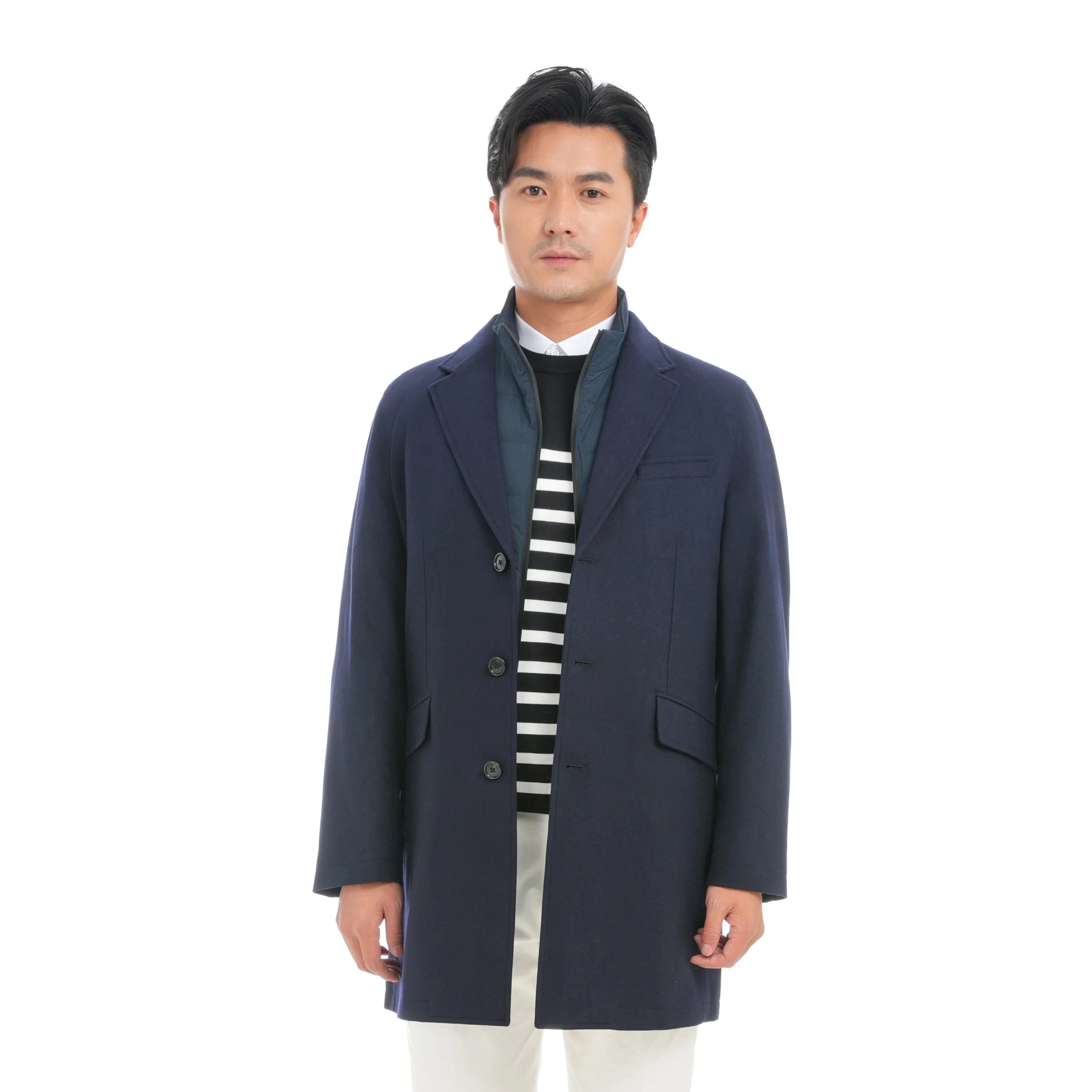 2024 Bosha MTM Men's Custom Navy Blue Winter Trench Coat 100% Woolen Dyed Fabric Down Filling Woven Material Long Overcoat