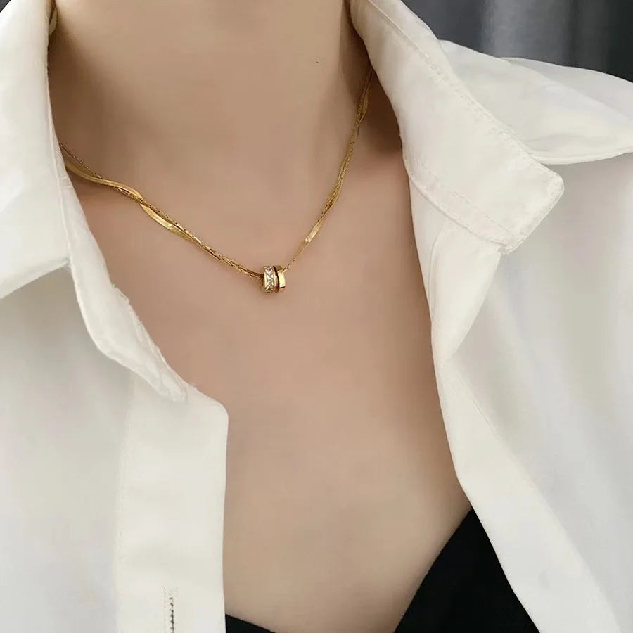 Nabest Stainless Steel Double Rings Lariat Pendant Necklaces Women PVD Plated Rhinestone Lucky Jewelry Necklaces