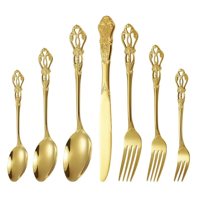 18/8 Stainless Steel Gold Plated Silverware Royal Vintage Wedding Luxury Gift Knife Spoon Fork Flatware Cutlery Set
