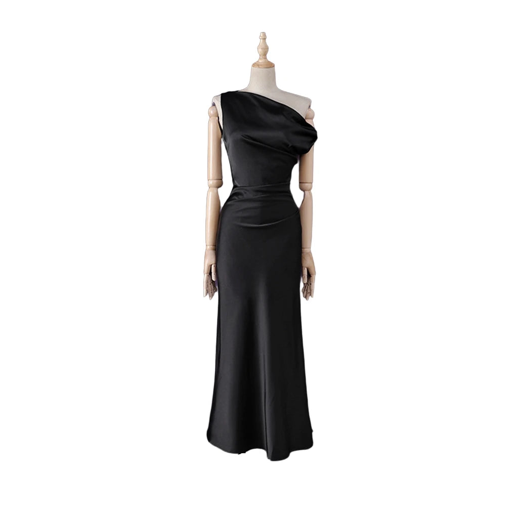 Sexy Dress With Slanted Shoulders Folded Waist Solid Color Acetate Satin Party Evening Dress