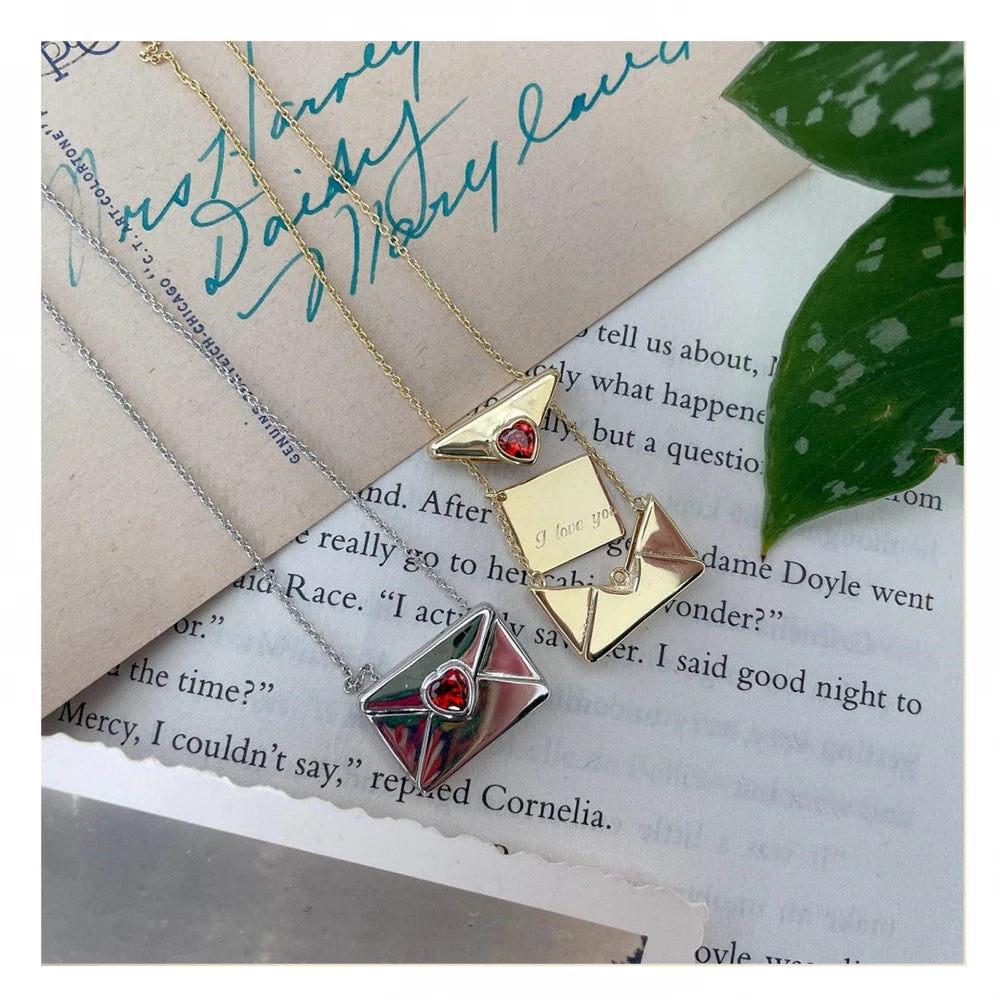 2025 Fashion Valentines Mothers Day Gifts Couple Jewelry Custom Open Locket Cubic Zirconia Love Letter Envelope Necklace