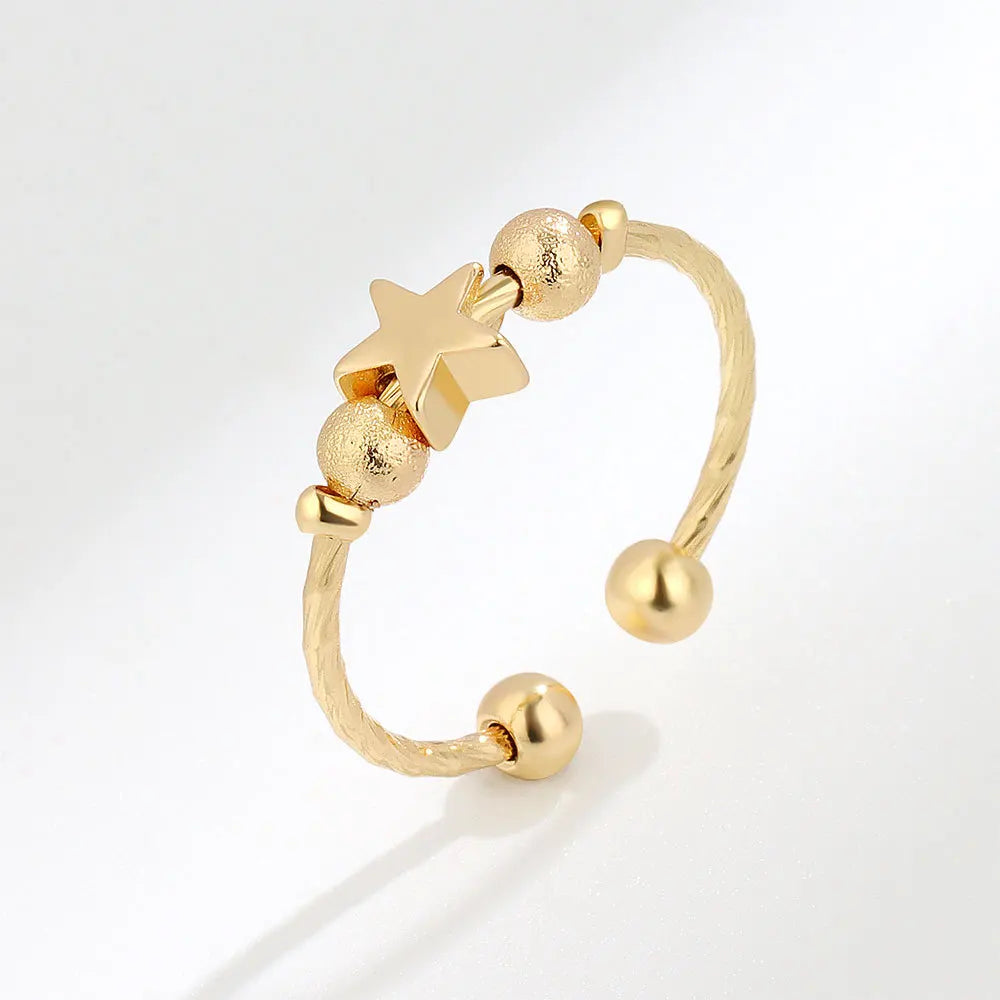 Brass Alloy Rotating Star and Round Beads Charms Adjustable Anxiety Fidget Ring for Women Finger Rings