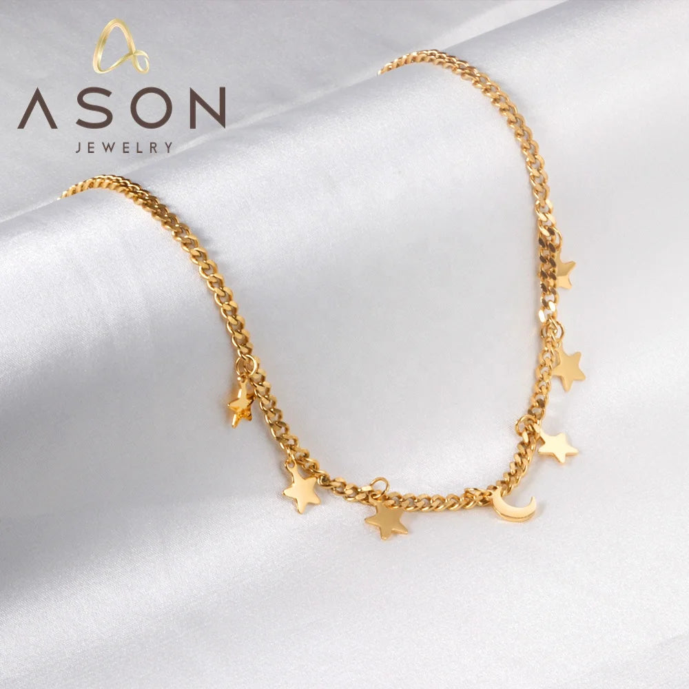 Ason Personalized Gift Wholesale Cuban Chain Necklace Jewelry 6 Stars + Moon Accessory Pendant Necklace for Women