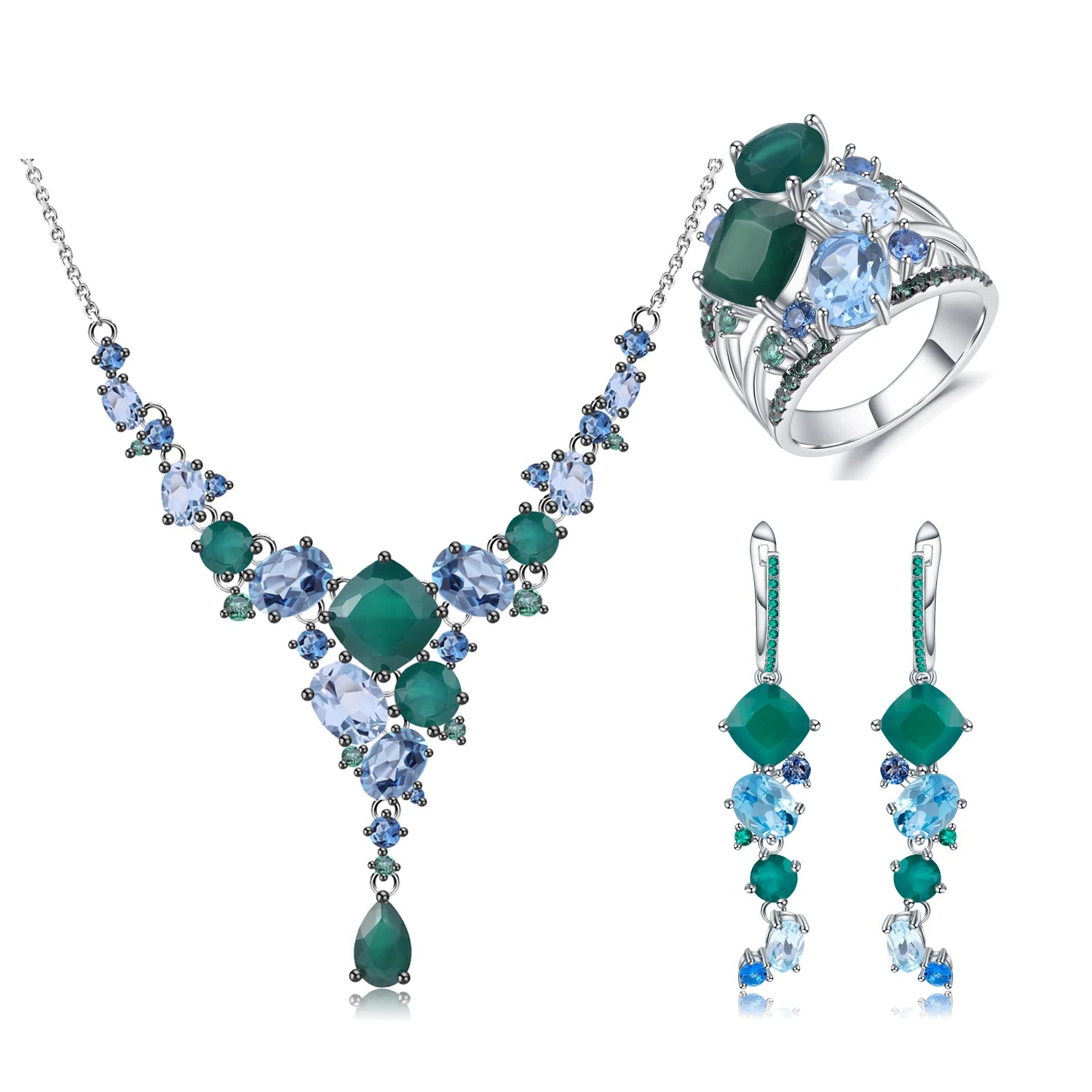C7745 Abiding Jewelry Brand New Natural Green Agate Mix Gemstone Cocktail Silver Jewellery Sets 925 Wedding Jewelry Set