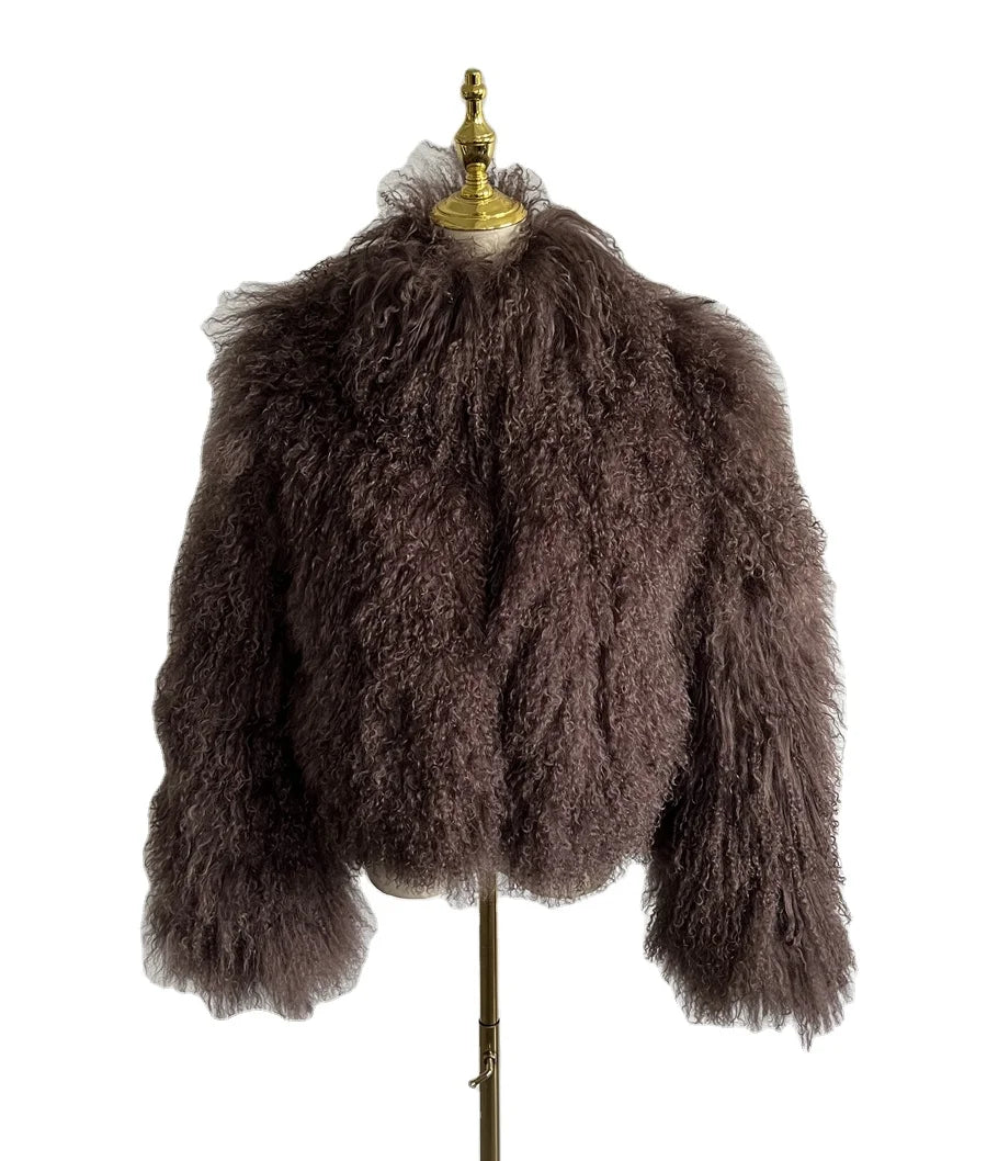 QIUCHEN QC24021- Ladies Trendy Plus Size Women Fashion Collar Real Mongolian Lamb Fur Coat