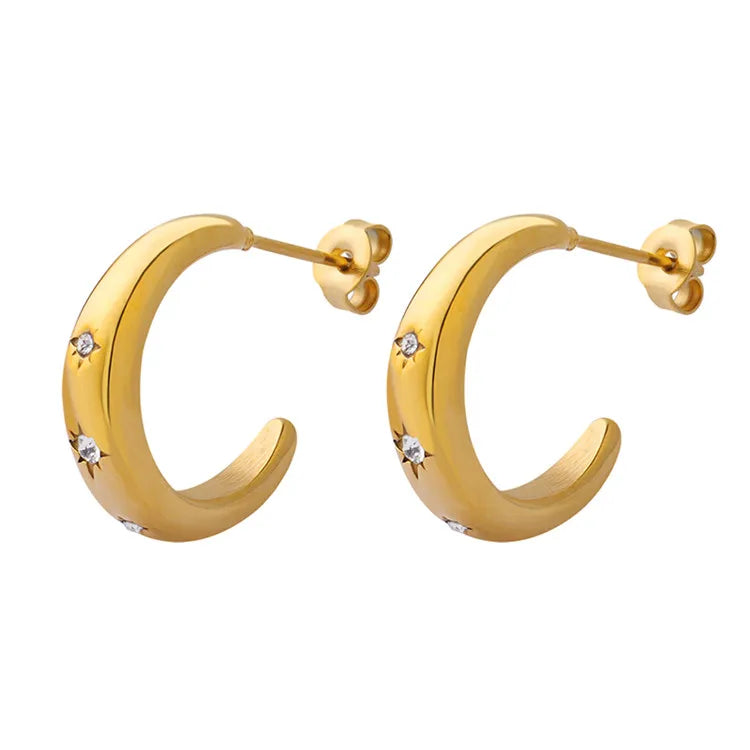 Wholesale Fancy Charm Light Luxury Inlaid Zircon Earrings C Shaped Stainless Steel 18K Gold Plated Earring
