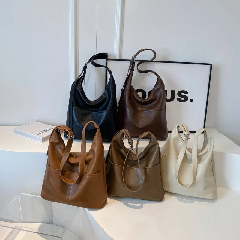 Large Capacity Bucket Bag Retro Versatile Single Shoulder Leather Hobo HandBags Ladies Casual
