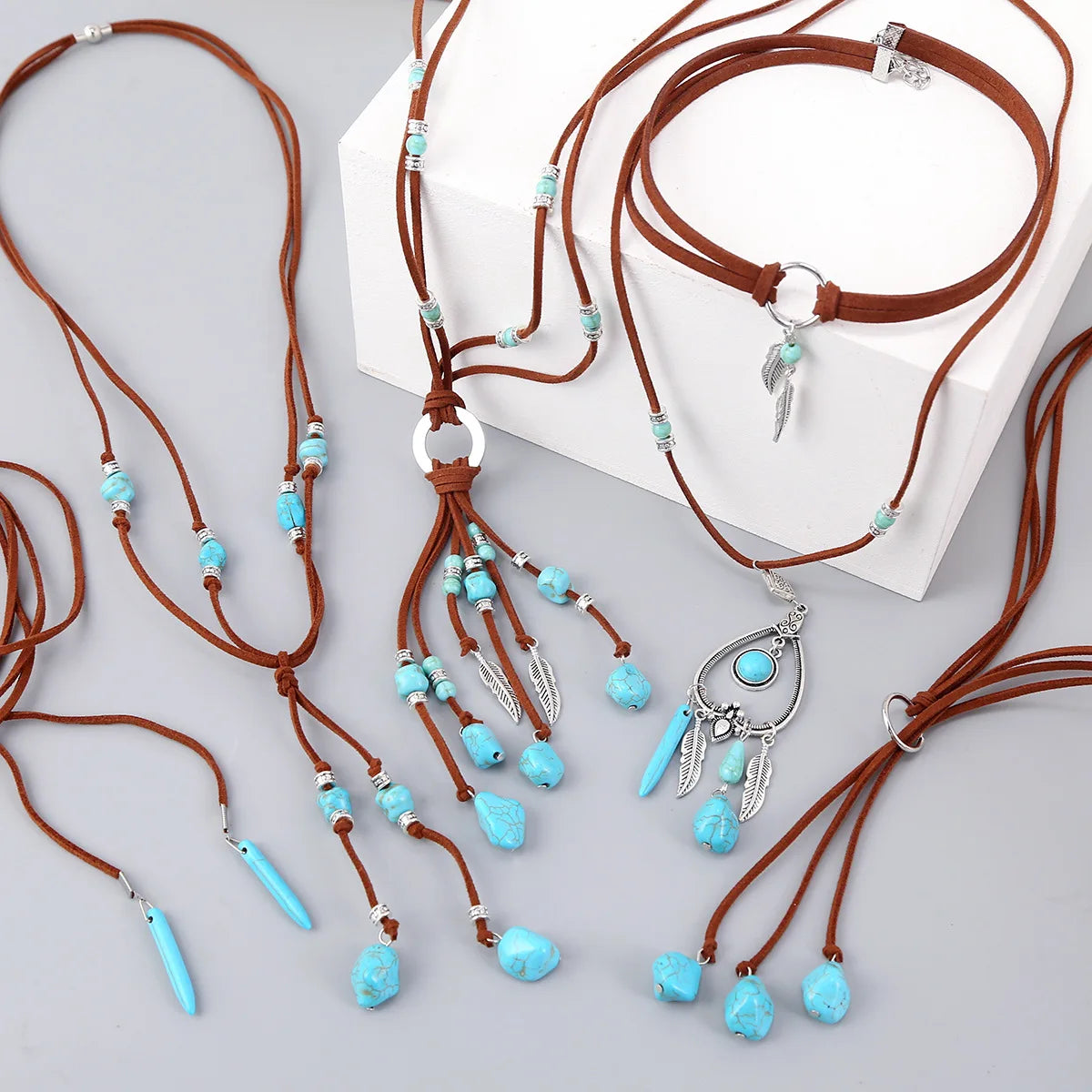 BOHO Jewelry Set Turquoise Pendant Healing Stone Vintage Silver Sweater Necklace Earring for Women Girls Jewelry Sets