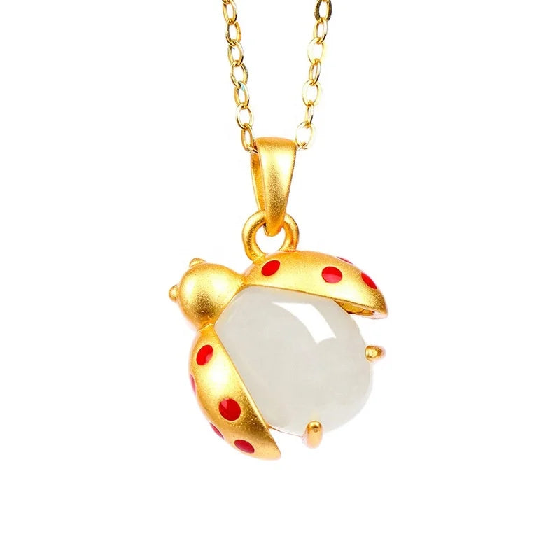 Certified Hetian Jade Inlaid Silver Gold-Plated White Pendant Necklace Chalcedony Passepartout Jasper Ink Jade Gold Inlaid Jade