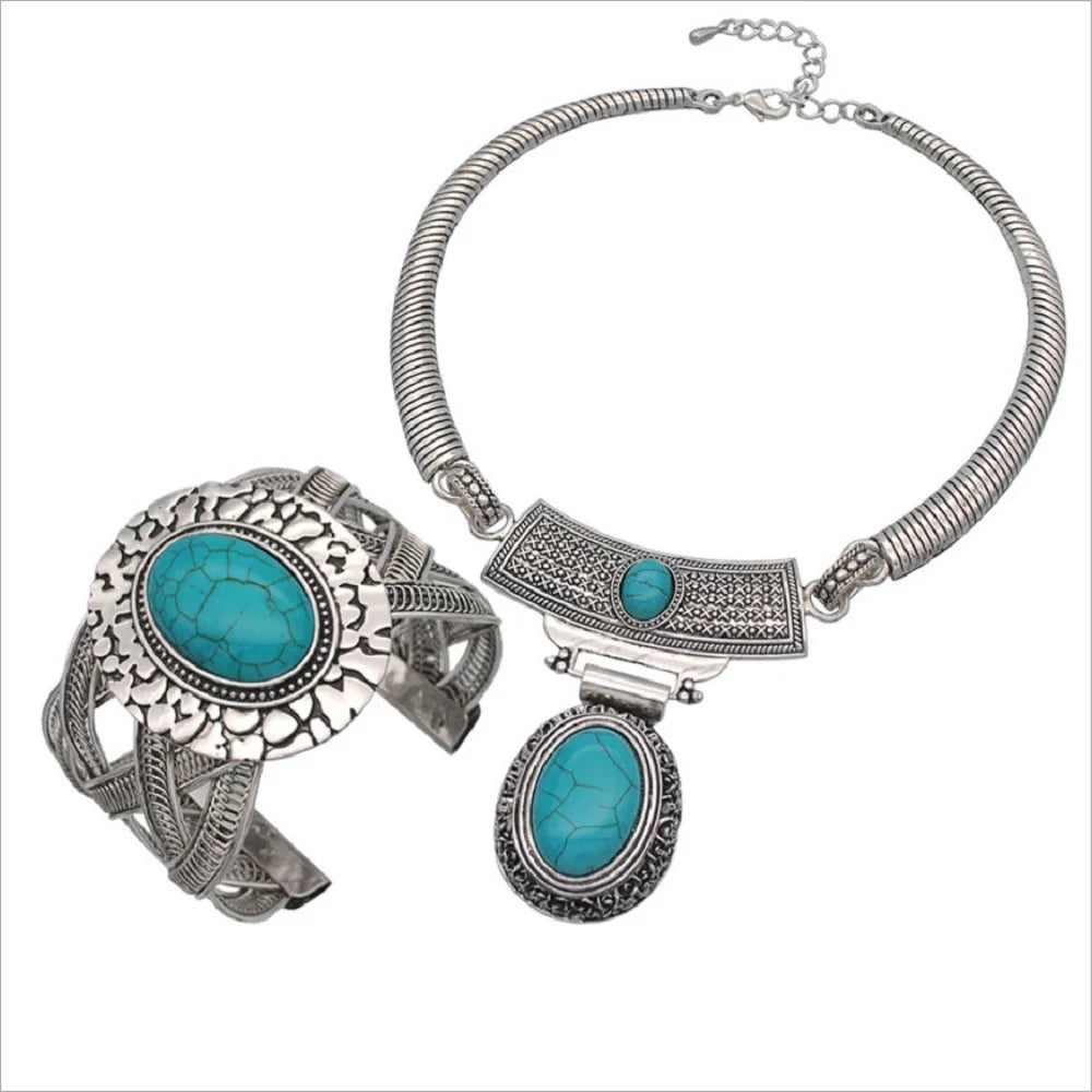 Fashion Brass Alloy Western Jewelry Turquoise Sets Charm Necklace Earring Ring Bracelet Combination Jewellery Sets for Women