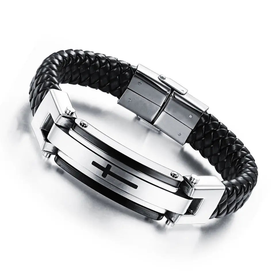 Delicate Cool PU Leather Jesus Cross Trendy Classic Magnetic Buckle Stainless Steel Men Genuine Leather Bracelet PH916