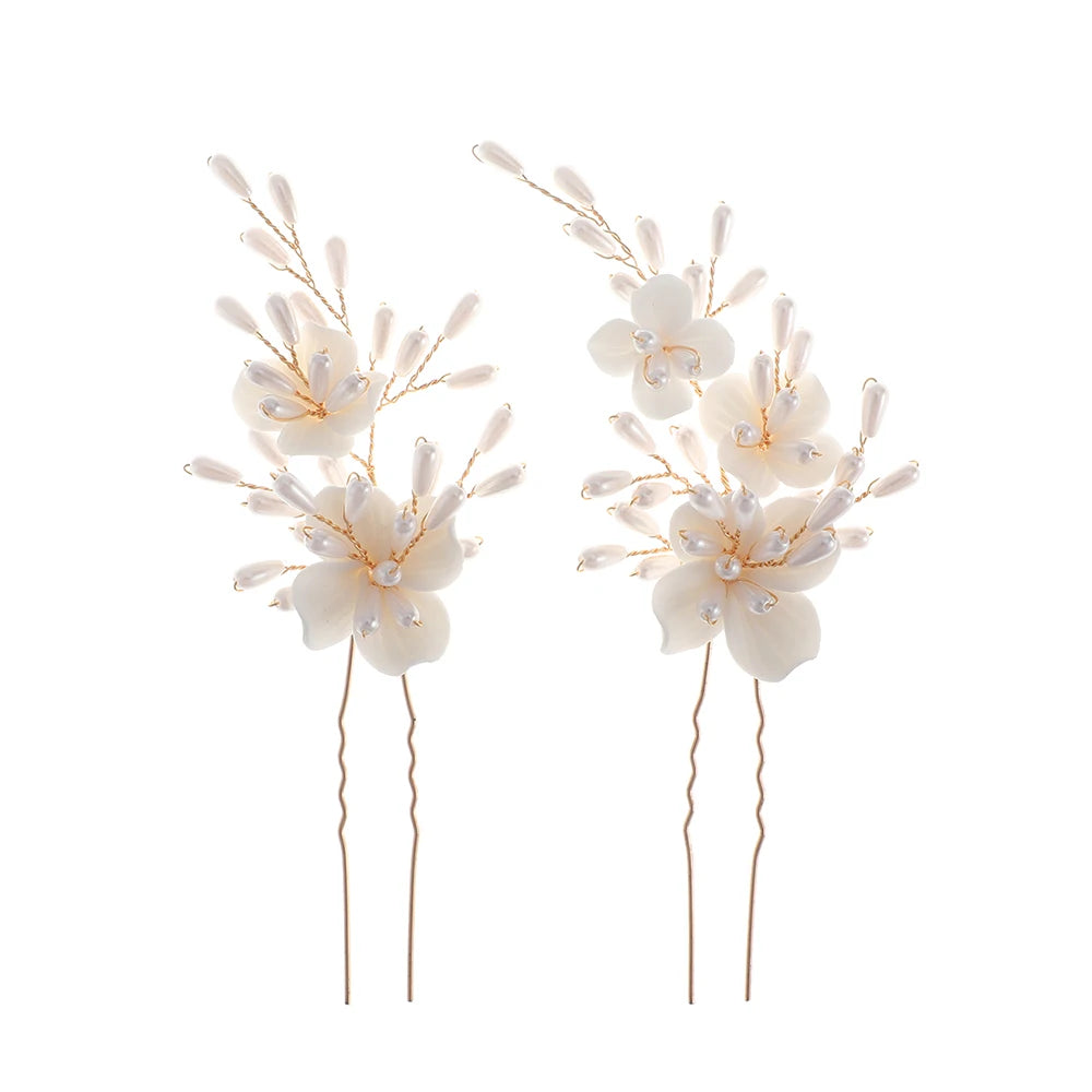 Handmade Gold Plated Vintage Clay Ceramic Pearl Fancy Bridal Wedding Hair Accessories with Flowers for Prom & Anniversary