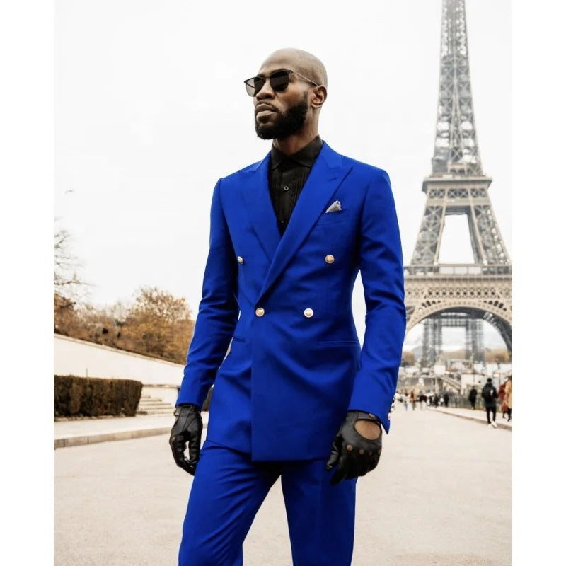 Royal Blue Mens Suits Jacket Slim Fit 2 Pieces Set Double Breasted Blazer Pants for Wedding Formal Groom Wear/Classic Fit Outfit
