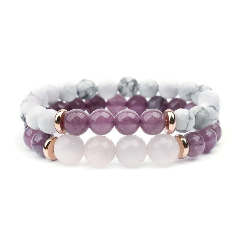 RisingMoon 8mm Beads Bracelet Friendship Couple Healing Crystal White Stone Howlite Amethyst Bracelet Natural Stone