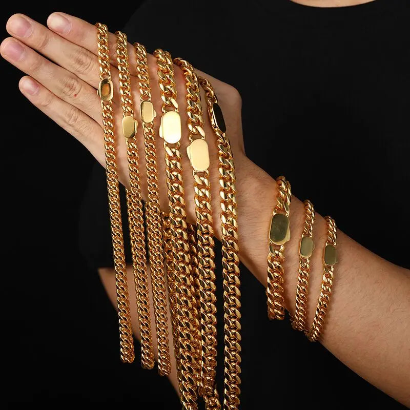 Heavy Miami Cuban Link Chain Necklace Hiphop Stainless Steel PVD 18k Gold Men Jewelry London Clasp Cuban Chain Necklace Bracelet