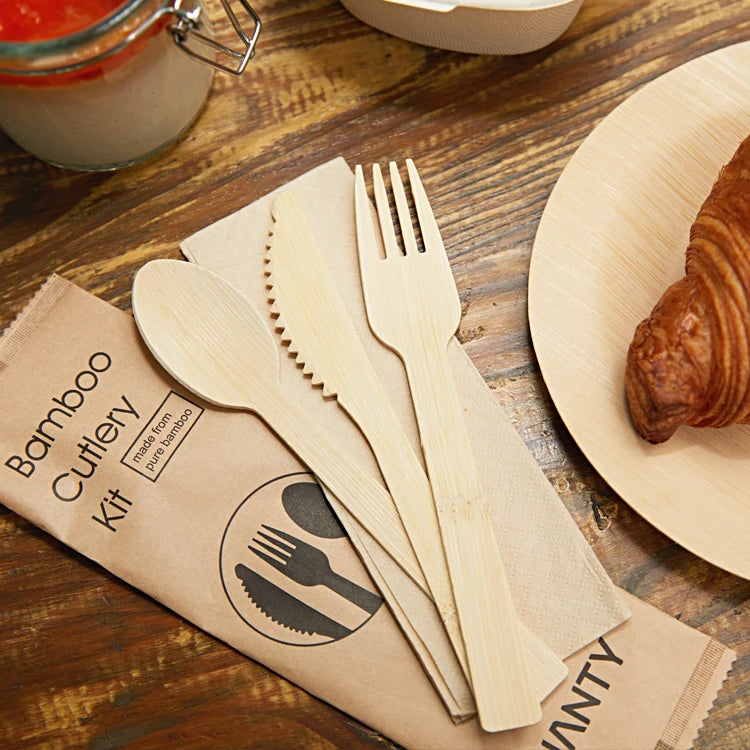 Custom Logo Individual Paper Package Disposable Bamboo Knife Spoon Fork Eco-Friendly Biodegradable Party Use Cutlery Set