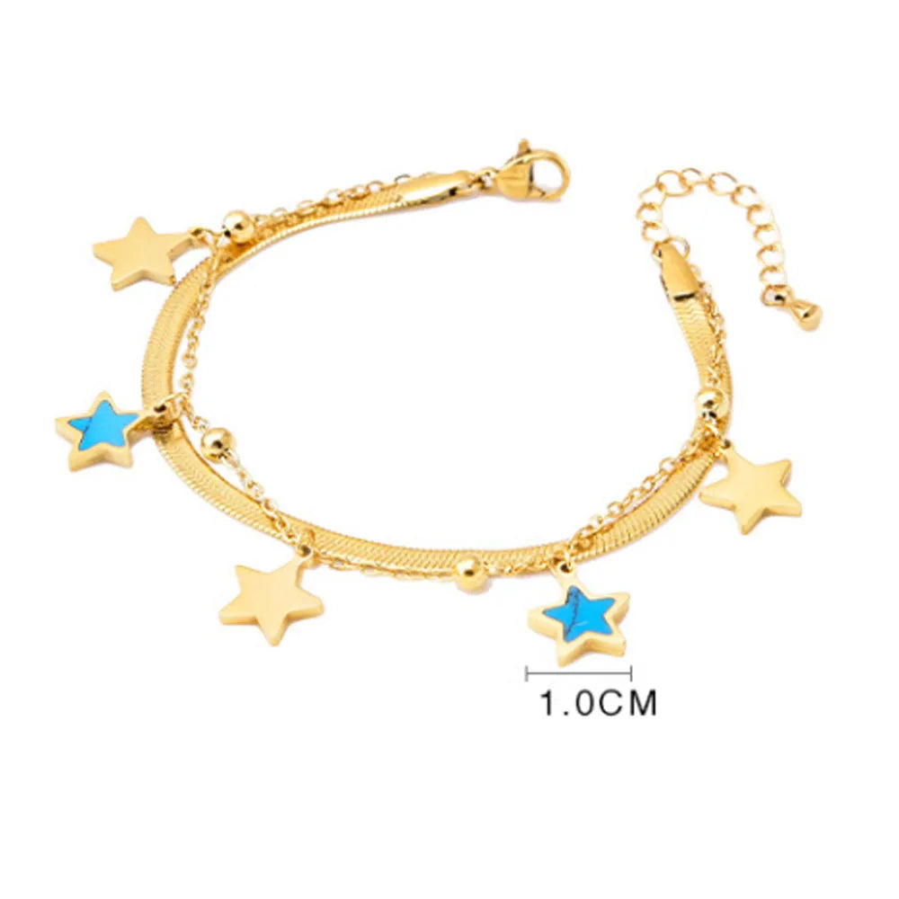 18k Gold Plated Star Charms Pendant Trend Bracelet Stainless Steel Double Layers Snake Chain Rope Star Jewelry Bracelets