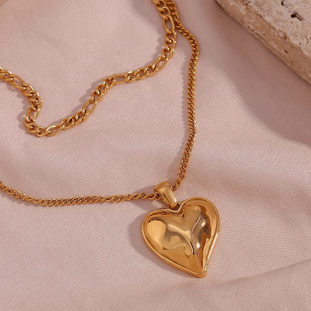 Double Layer Heart Necklace PVD Gold Plated Stainless Steel Necklace for Women Water Proof Jewellery