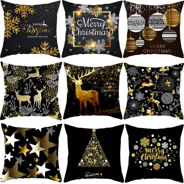 Christmas Black Gold Cushion Cover Natal Navidad Gift Merry Christmas Throw Pillow Cover Party Decorations