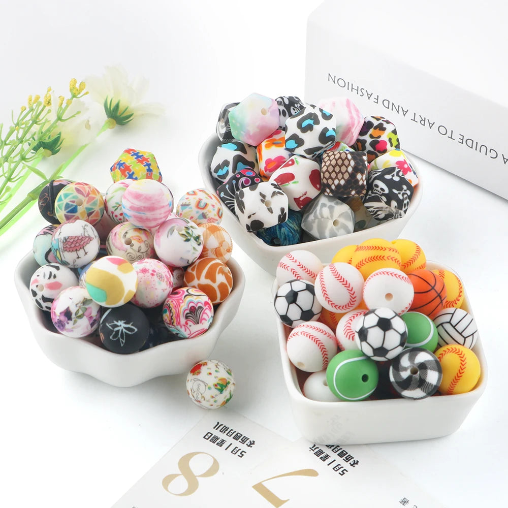 Kovict Popular Food Grade 15mm Leopard Print Chewing Silicone Focal Loose Beads BPA Free Baby Teething Customizable Pen Jewelry