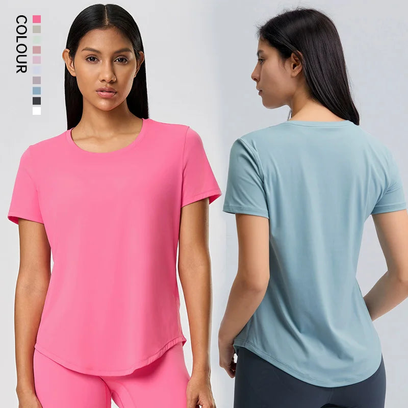 SHINBENE Naked-feel Workout Yoga Fitness T-shirt Women Hip-length Gym Sport Short Sleeve Shirts