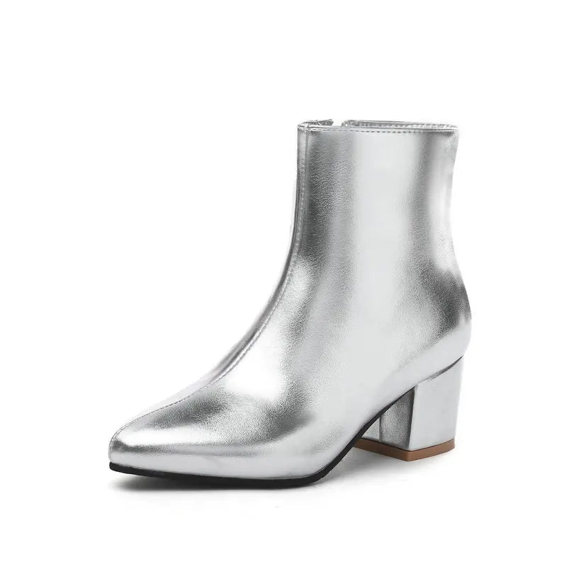 New Fashion Autumn Casual Zipper Short Boots Women Available Various Sizes Chunky Heel Dance Shoes Gold Silver High Heel
