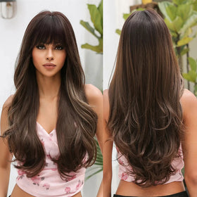 MOQ 1 Long Curly Wavy Hair Wigs Brown Gradient Haircut Wigs Middle Part Layered Synthetic Fiber Hair Wigs for Women