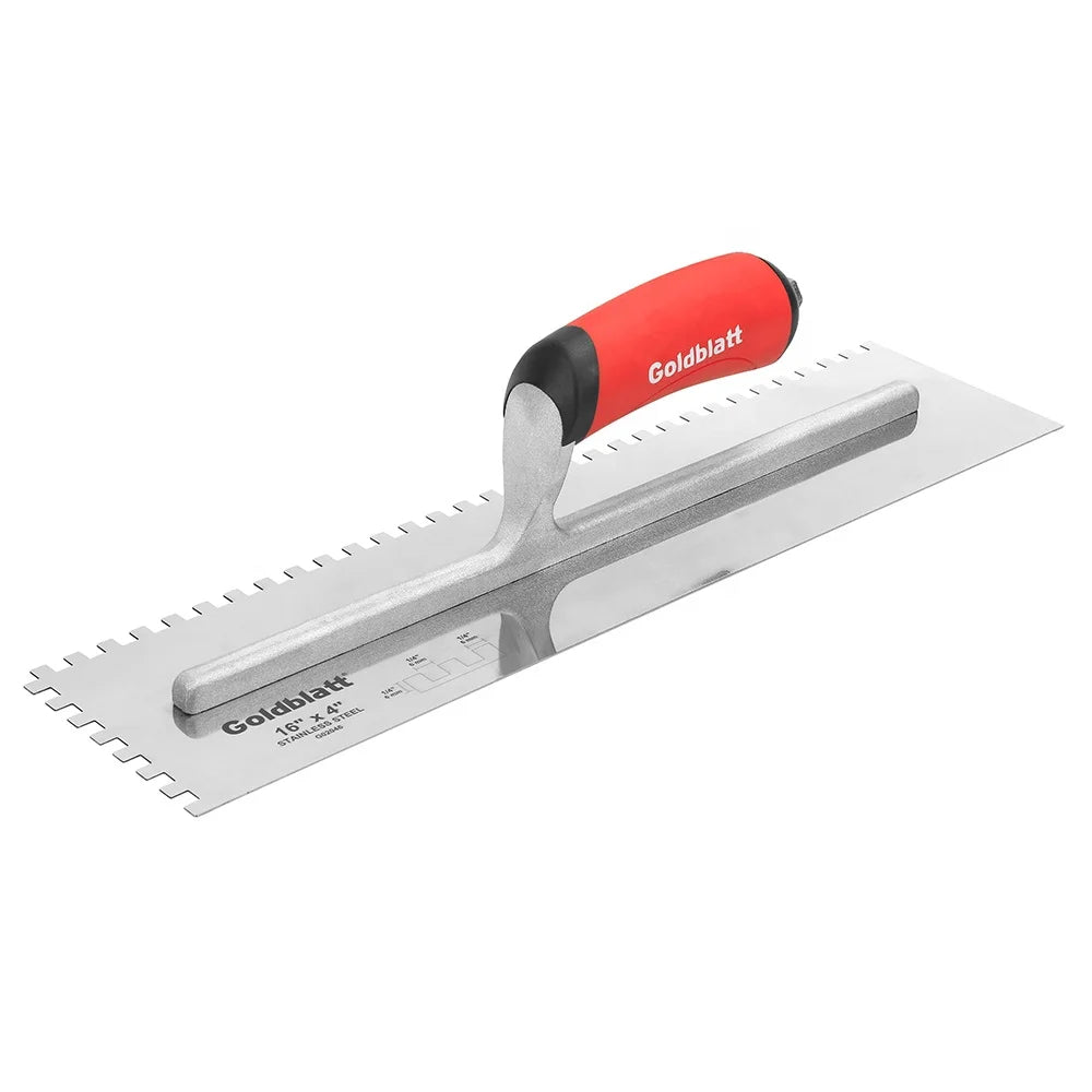 Goldblatt Professional 16\" X 4\" Stainless Steel Notched Trowel with Soft Handle for DIY & Industrial Use