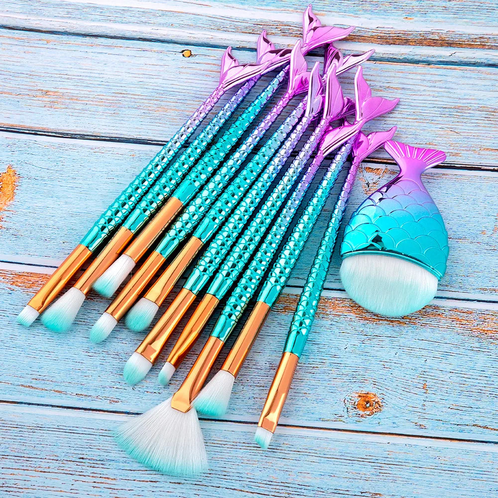 11pcs Mermaid Makeup Brush Set Gradient Color Fish Tail Plastic Handle Synthetic Hair Makeup Brushes Tools for Women Face Eyes