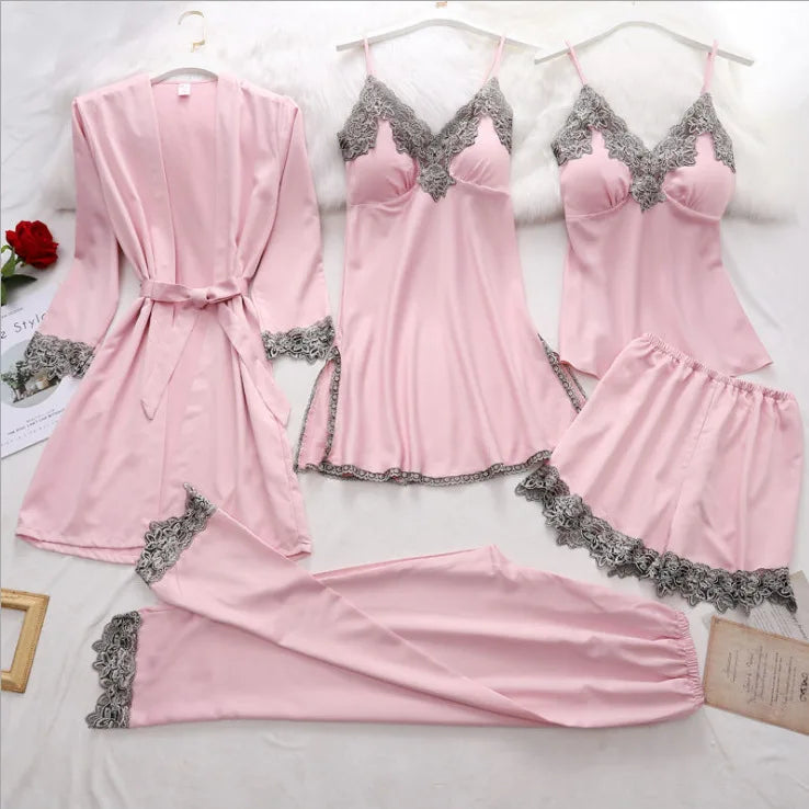 S-3XL  5PC  Robe Sleep Suit Womens Lace Satin Pajamas Gown Set V-Neck Cami Nighties Wear Pijama Home Nightwear Spring Nightdress