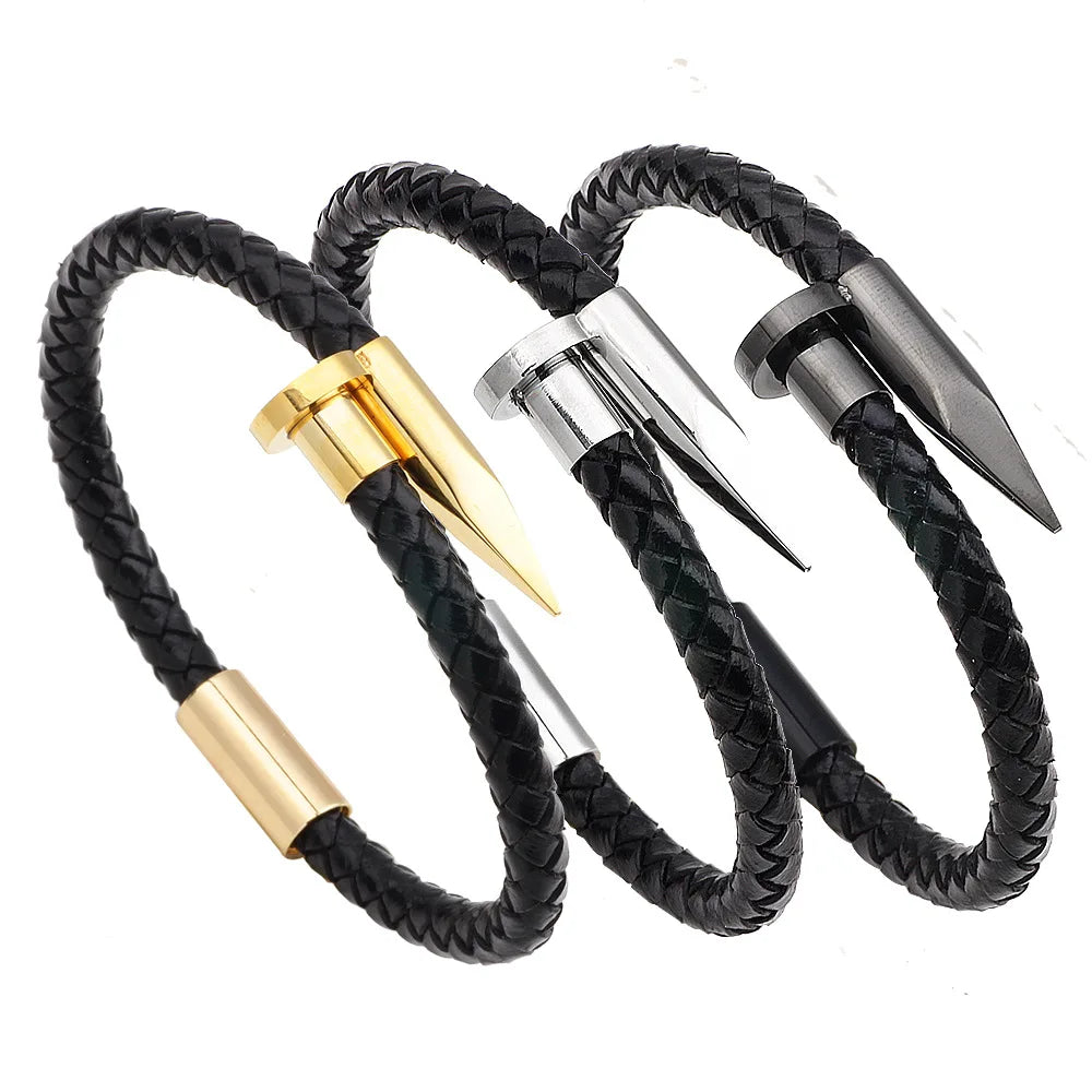 New Fashion Simple Customizable European and American Stainless Steel Woven Men Real Leather Bracelet  Jewelry Gift
