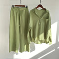 Women's Vintage 2-Piece Plus-Size Cotton Linen Shirt Set Solid Color High-Waisted Slacks Summer Pleated Casual Long MegaBDM
