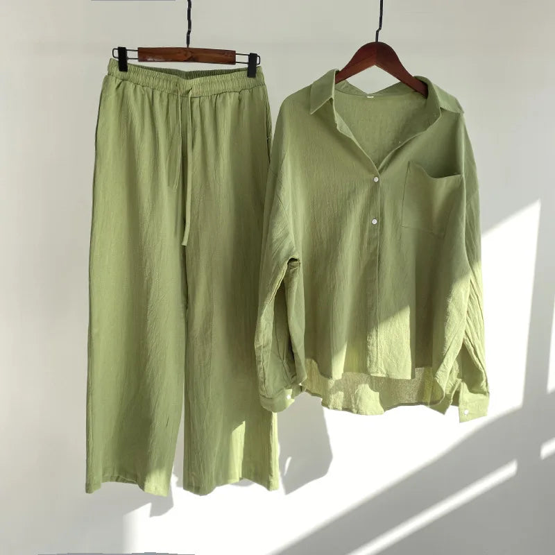 Women's Vintage 2-Piece Plus-Size Cotton Linen Shirt Set Solid Color High-Waisted Slacks Summer Pleated Casual Long MegaBDM