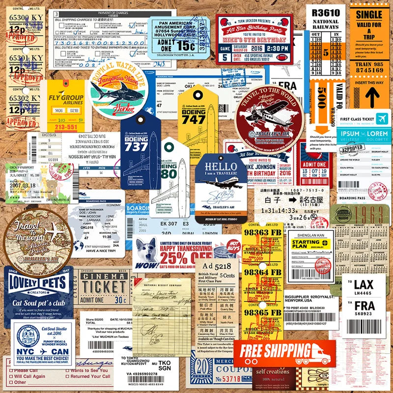 2026 Newly 46PCS Large Size Vintage Travelling Boarding Pass Airline Ticket Sticker