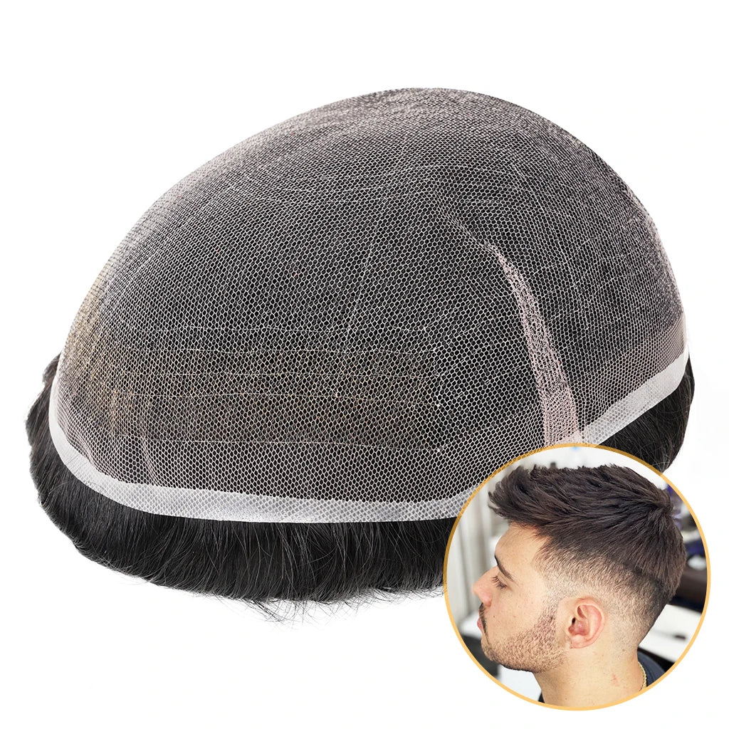 Men's Full Lace Hair System Resilient French Lace Toupee with Bleach Knots Indian Human Hair HS7P Wholesale