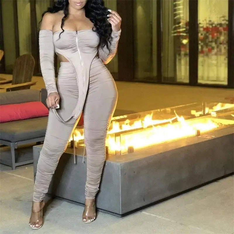 New Product One Shoulder Zipper Pleated Drawstring Sexy Womens Playsuit Bodycon Trousers Two Piece Set Women