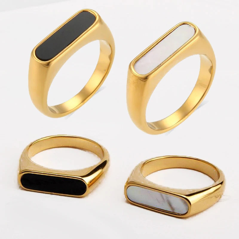 18k Gold Black Enamel Collection Signet Ring 316L Stainless Steel Rings Simple Enamel White Shell Finger Rings for Women
