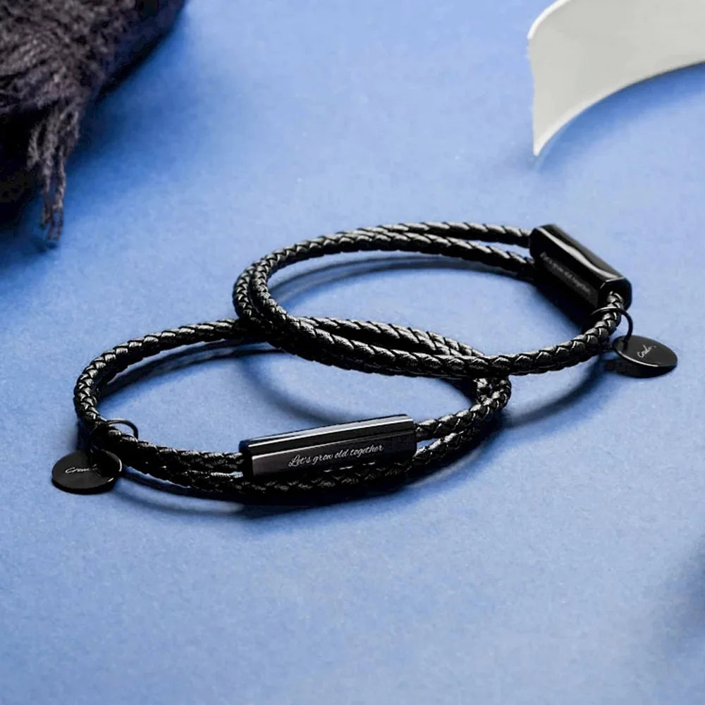 Custom logo Personality Diy Hand-Woven Leather Bracelet Couple Stainless Steel Gold Plated Bracelet