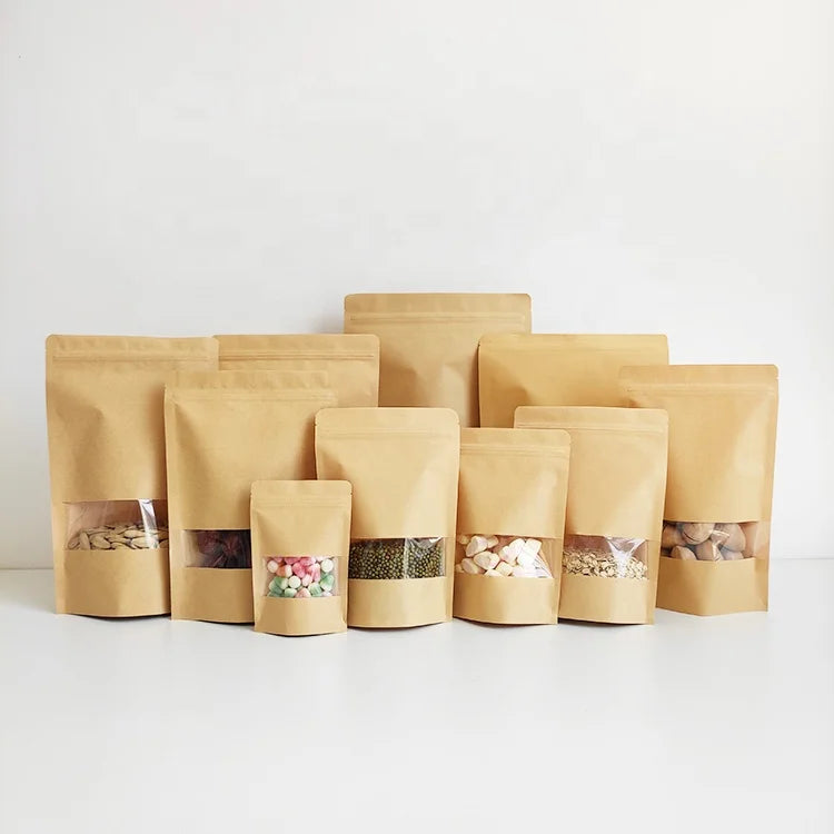 14x22cm Wholesale Doypack Ziplock Dry Food Packing Plain Brown Kraft Paper Bags With Clear Window