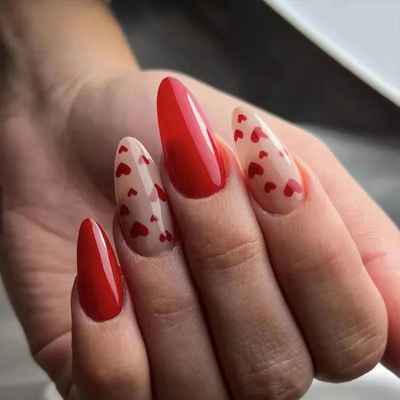 Popular Red Almond Oval Stiletto Fake Nails with Glue Reusable love Press on False Nails Tip