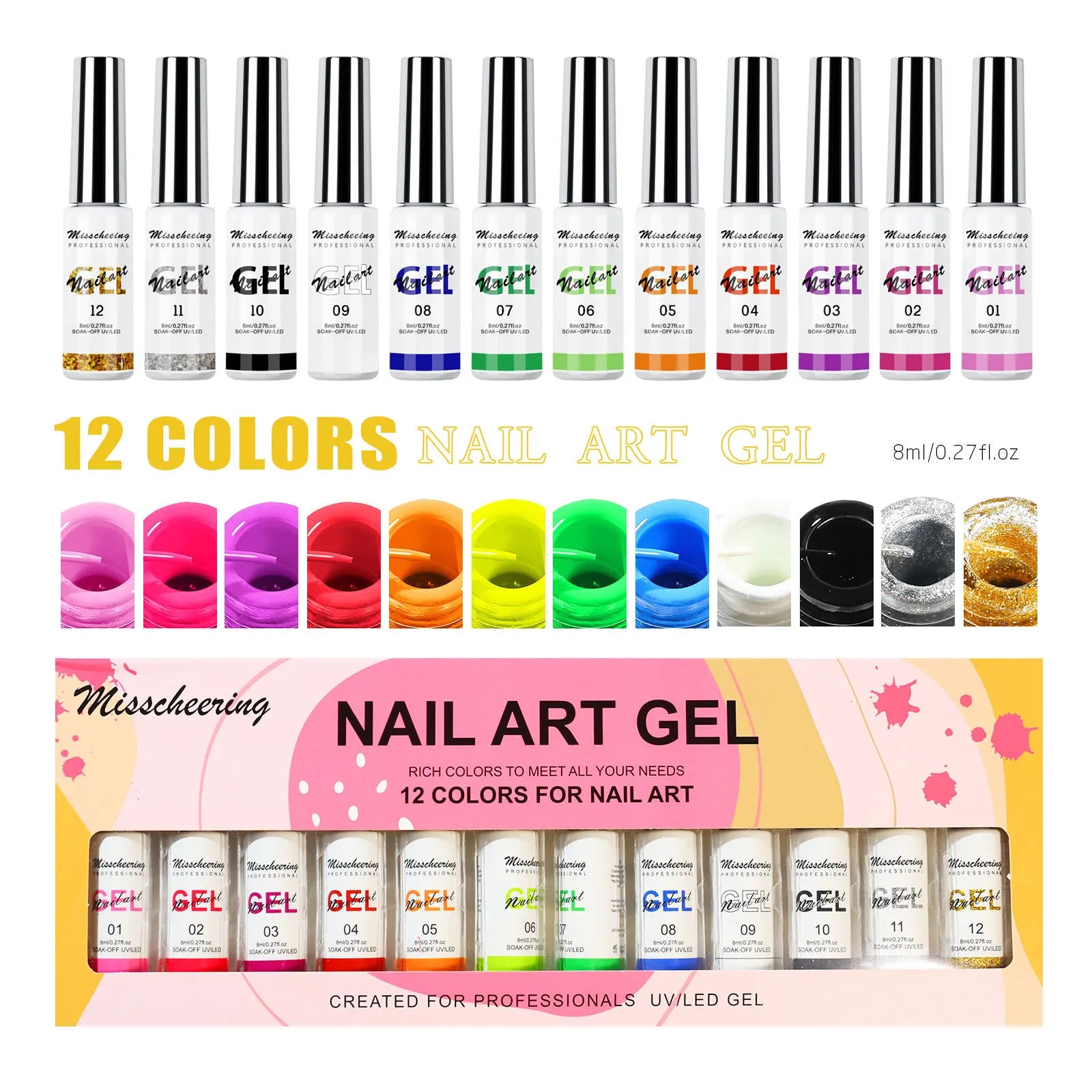 Painting Gel Nail Polish Set 12 Colors Neon Liner Gel Gold Glitter Soak Off LED UV Varnish DIY Drawing for DIY Nail Art Design