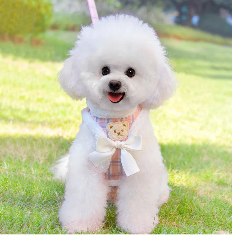 Cute Bear Rabbit Design Bow Knot Pet Leash Vest Plaid Teddy Chest Strap Corduroy Dog Harness and Leash Set