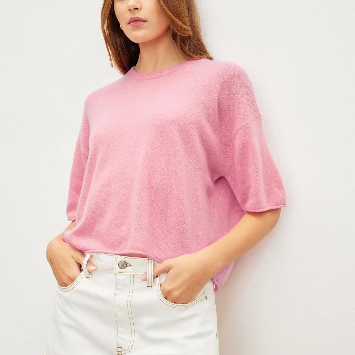 Factory Custom Pink Brown Gray Black Yellow White Ivory Short Sleeve Recycled Grade a Best 100 Cropped Cashmere Sweater Women