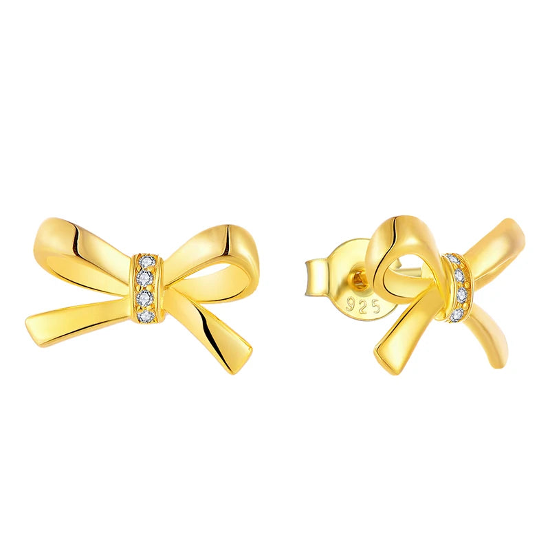 YILUN Gold Plated Sterling Silver Bow Stud Earrings 925 Jewelry Cubic Zirconia Bowknot Stud Earrings for Women