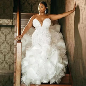 Bride Sweet Heart Lace up Ruffles Pearls Plus Size Women Bridal Gowns White Mermaid Wedding Dresses MW626