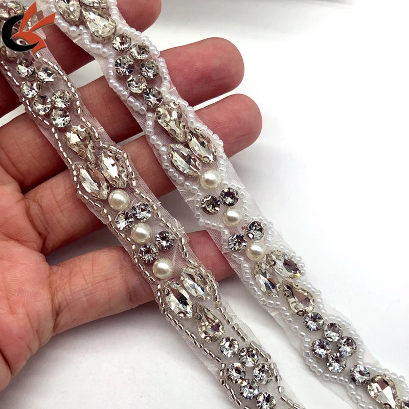 Shiny clear Glass Crystals and Pearls Iron on Rhinestone Applique Trimming for Wedding Dress Decoration