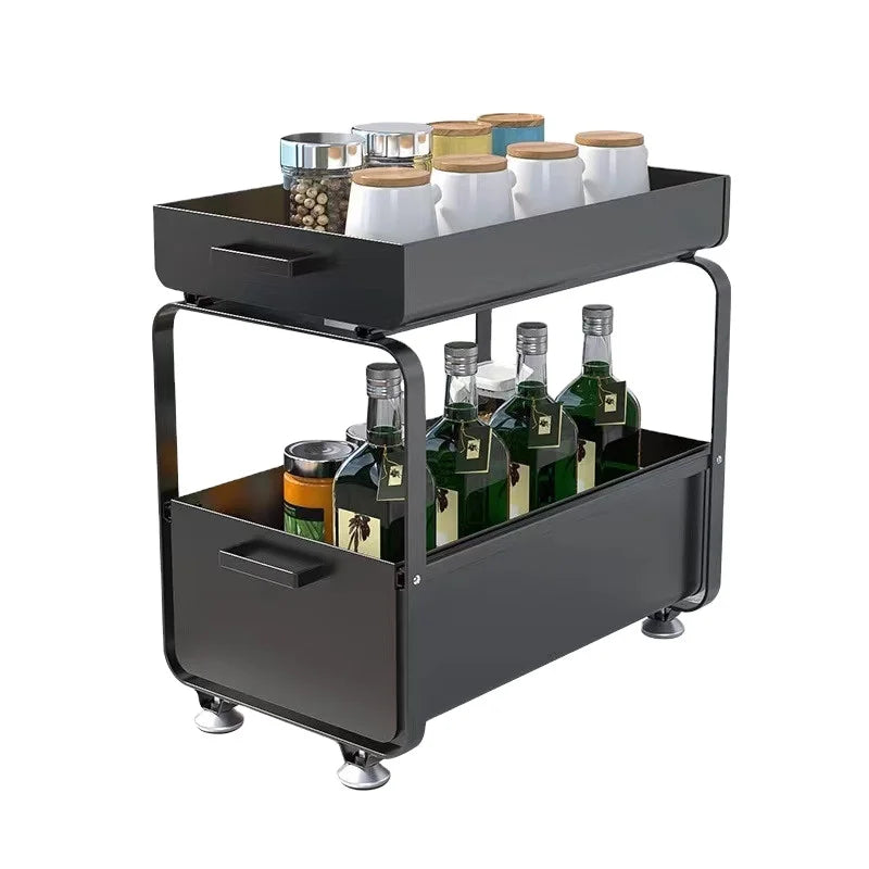 Metal Kitchen Lower Sink Pull-Out Layered Storage Rack with Double Tier Seasoning Storage for Bathroom & Kitchen Shelves & Units