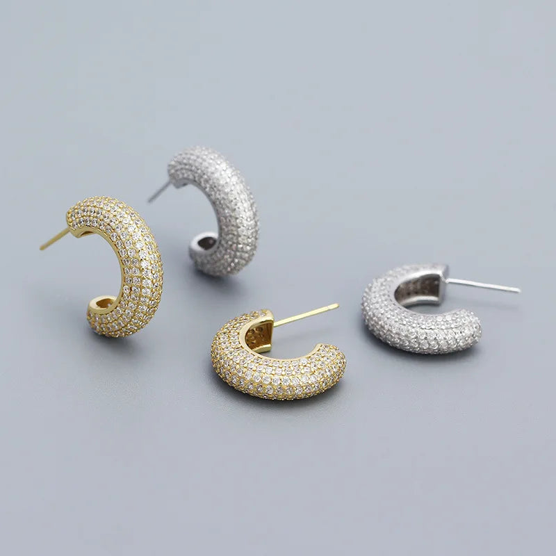 Fashion 925 Sterling Silver Full Diamond Niche C-character Gold Plated Stud Earring Jewelry for Women
